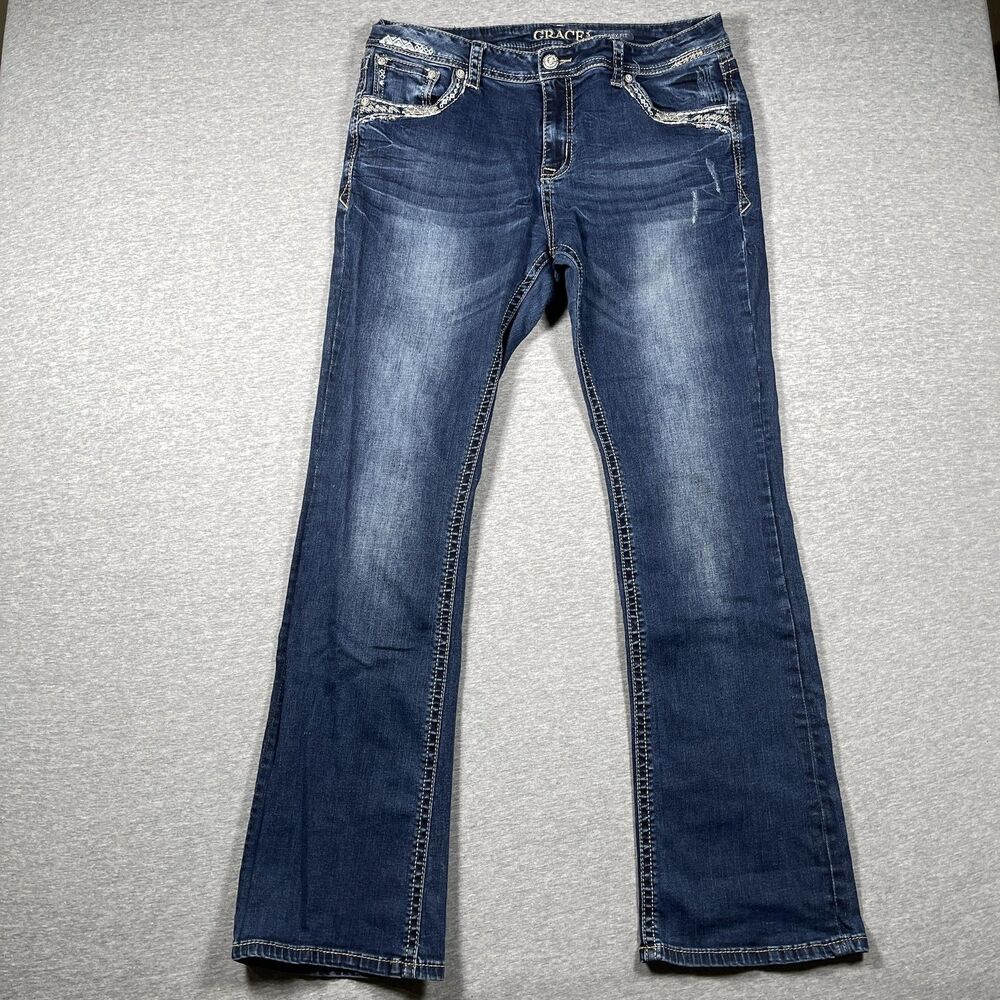 Grace In LA Jeans Womens 34 Blue Bootcut Mid Rise Relaxed Fit Embroidered